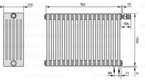 Схема (чертеж) Радиатор Zehnder Charleston 6110/17 №V002 Белый глянцевый RAL 9016